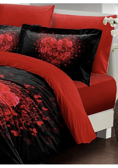 240x260 Cm Çift Kişilik Nevresim Takımı Pamuk Saten Çeyizlik Premium Kalpli Güllü Lüx Marka Kırmızı