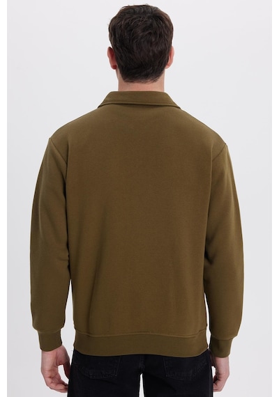 Tudors Unisex Relax Fit Rahat Kesim Pamuklu İçi Polarlı Fermuarlı Yeşil Polo Yaka Flato Cepli Sweatshirt Hırka-41976 Yeşil