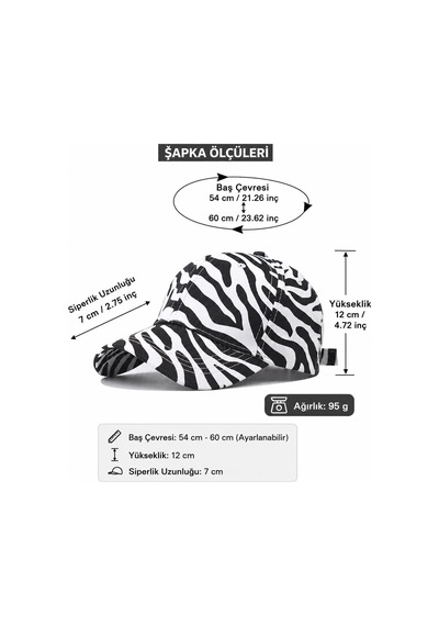 Valkyrie Zebra Desenli Kadın Şapka Ayarlanabilir Baseball Cap Siyah Beyaz Spor Günlük Şapka Siyah - Beyaz