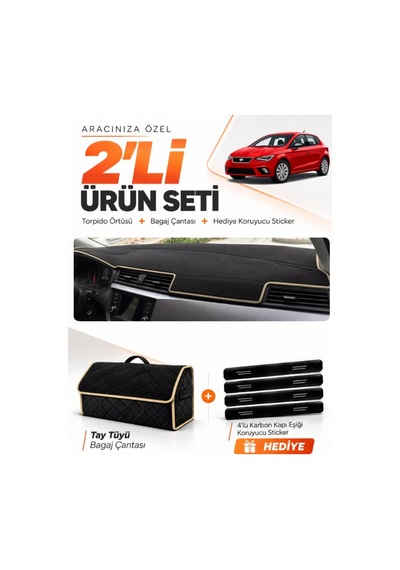 Seat Ibıza 2017-2021 Uyumlu Torpido Örtüsü + Tay Tüyü Bagaj Çantası + Sticker Seti - Siyah Bej