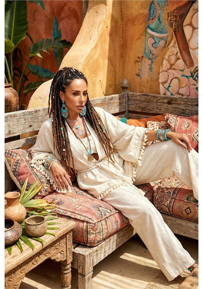 Kalın Denizci Halat Kemerli Ponponlu Geniş İspanyol Flair Kol Doğal Keten Bohem Kaftan Kimono Ekru Kalın Denizci Halat Kemerli Ponponlu Geniş İspanyol Flair Kol Doğal Keten Bohem Kaftan Kimono Ekru