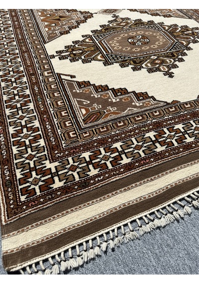 El Dokuma Yörük Halısı 150x240 Krem Kahve 4 M2 %100 Yün Halı Kahverengi - Krem