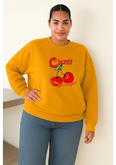 Benroma Cherry Kiraz Baskılı Büyük Beden Unisex Sweatshırt Sarı