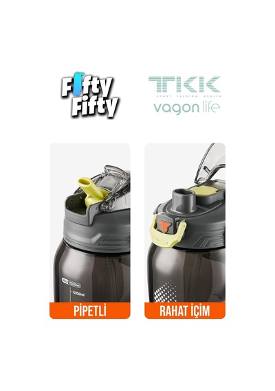 Tkk Tek Kapak Çift Kullanım Pipetli/rahat İçim Tritan Su Matarası-fftkk1027-1500 ML