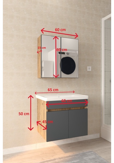 Makbulce Tokyo 65cm Seramik Lavabolu Mdf Aynalı Banyo Dolabı Atlantik Çam - Antrasit Gri Makbulce Tokyo 65cm Seramik Lavabolu Mdf Aynalı Banyo Dolabı Atlantik Çam - Antrasit Gri