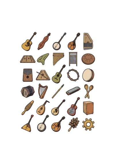 30 Adet Retro Akustik Müzik Aletleri Sticker Seti - Laptop, Defter Çok Renkli