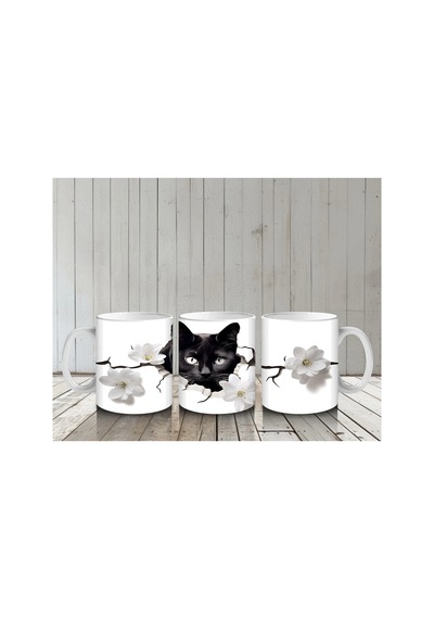 Beyaz Çiçeklerle Kaplı Siyah Kedi Baskılı Kahve Kupası Renkli