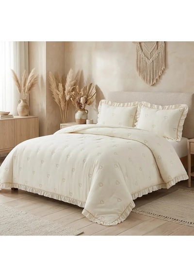 Love Nakışlı Elyaf Dolgulu Yatak Örtüsü Çift Kişilik 240x260 Krem