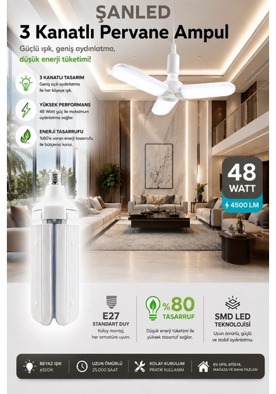 3 Kanatlı Pervane 48w Ampul Beyaz Işık- 2 Adettir 2 Adet