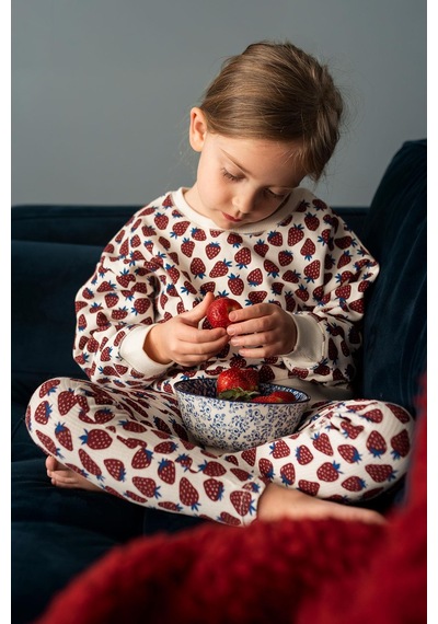 Antebies Organik Gots Sertifikalı Çilek Tarlası Desenli, Uzun Kollu Ribanalı Sweatshirt, Bel Lastikli Taytlı Kız Çocuk Takımı Bordo