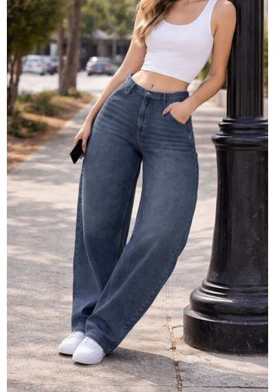 Cedy Denim Cedy Denım Yüksek Kalite Kadın Yüksek Bel Baggy Skater Jean Koyu Mavi