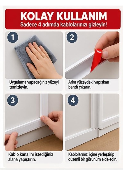 Tr Kablo Kanalı 3 Metre - Yapışkanlı Kablo Gizleme Ve Kablo Düzenleyici Organizer