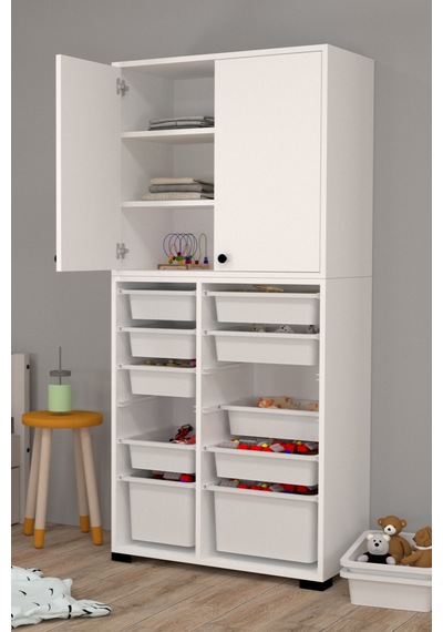 Rüya No.5 Modern Kullanışlı Beyaz Çift Katlı Kapaklı Çok Amaçlı Sepetli Dolap