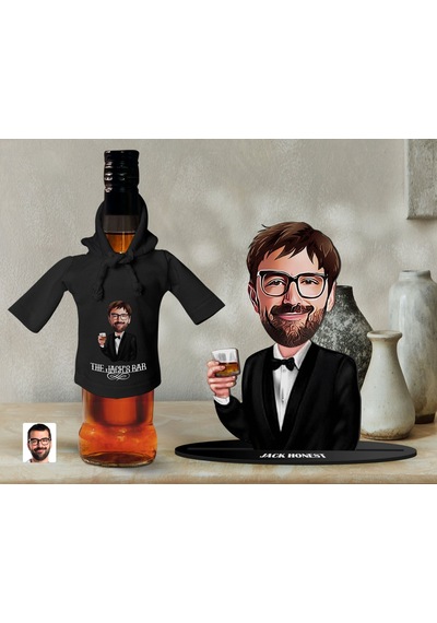 Bk Gift Kişiye Özel Karikatürlü 3d Ahşap Biblo Ve Siyah Mini İçki Şişesi Tişörtü Hediye Seti, Arkadaşa Hediye, Sevgiliye Hediye-2