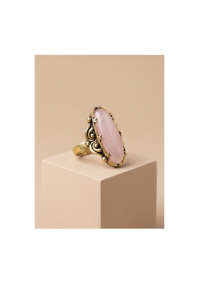 Esoo Jewelry Vintage Tasarım Pembe Doğal Taşlı Ayarlanabilir Kadın Yüzük - Antik Gold Görünümlü