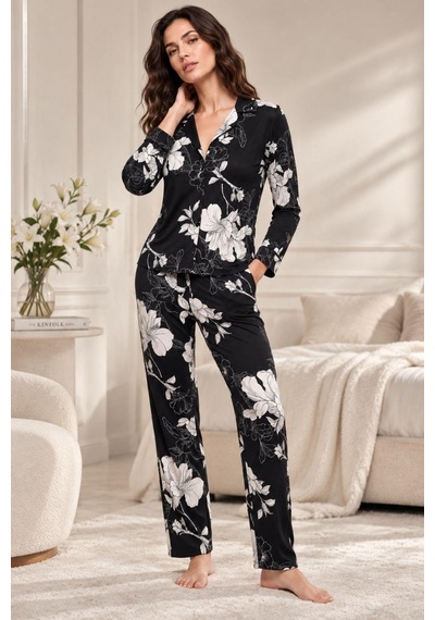 Gd Goldoremi 30163 Kadın Premium Uzun Kollu Önden Düğmeli Pijama Takım Siyah