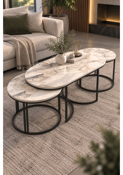 Sulorahome Efes Beyaz 3'lü Sehpa Seti Oval Mermer Desenli Metal Ayaklı Beyaz Mermer Sulorahome Efes Beyaz 3'lü Sehpa Seti Oval Mermer Desenli Metal Ayaklı Beyaz Mermer
