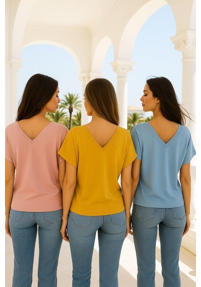 Kadın 3'lü Paket Pembe-mavi-hardal Viskon Ön Arka V Yakalı T-shirt Yarasa Kol Relaxed Bluz Çok Renkli