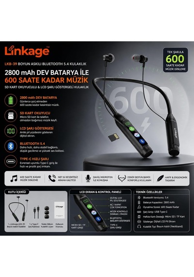 Ayrex Linkage Lkb-39 Boyun Askılı Bluetooth 5.4 Kulaklık 2800 Mah Dev Batarya İle 600 Saat Müzik, Sd Kart Okuyucul