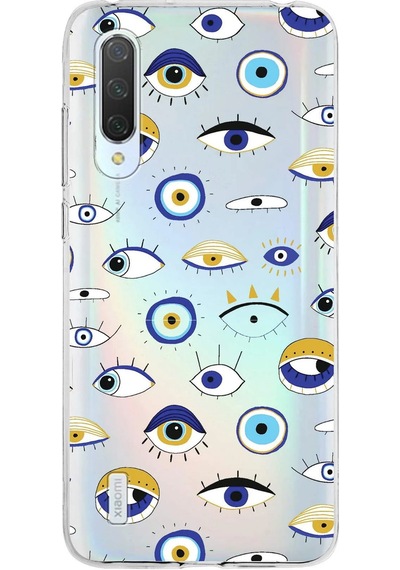 Xiaomi Mi 9 Lite İle Uyumlu 1mm Slim Fit Nazar Boncuğu 2 Baskılı Şeffaf Kılıf Şeffaf
