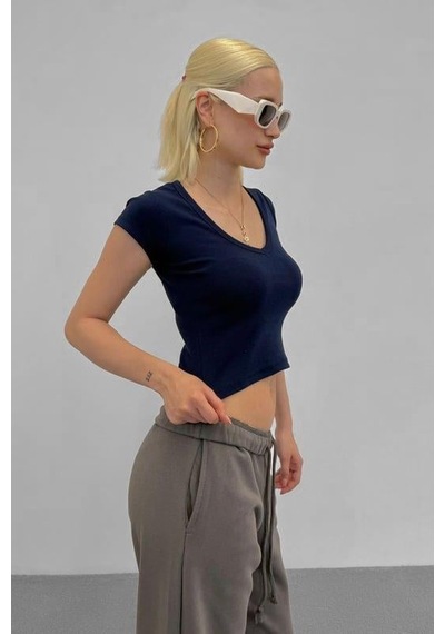 Lacivert V Yaka Basic Kadın Tişört Mg2450