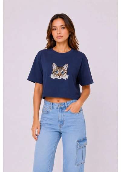 Wear Vexel Kadın Kedi Baskılı Oversize Crop Tişört Salaş Basic Yarım Kol T-shirt - Lacivert Çok Renkli Wear Vexel Kadın Kedi Baskılı Oversize Crop Tişört Salaş Basic Yarım Kol T-shirt - Lacivert Çok Renkli