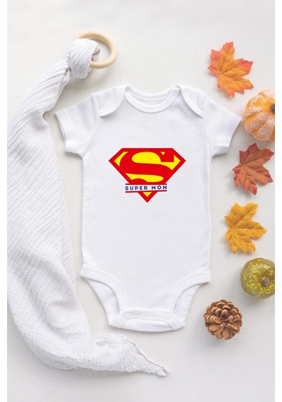 Tuğba Baby Özel Tasarım Süper Anne Bebek Body Super Mom Beyaz Body Badi Zıbın Beyaz