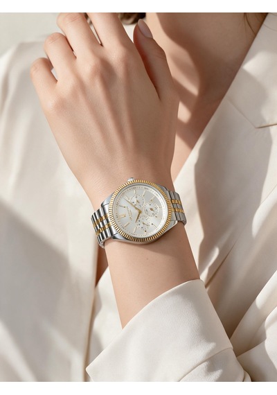 Lee Cooper Altın/metalik Çelik Bilezik 34 Mm Yuvarlak Kadın Kol Saati, Taşlı Bileklik Hediyeli Gold