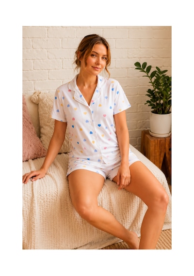 Fit Women Renkli Kalp Desenli Düğmeli Şortlu Pijama Takımı 4610 -beyaz Kırık Beyaz