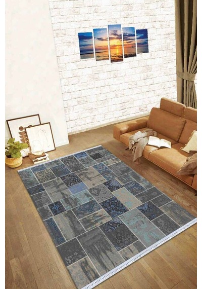 Füme Patchwork Dokuma Pamuk Taban Kaymaz Kilim Klm291n11