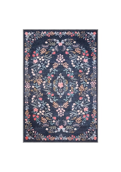 Cool Halı Daisy Gece Mavisi Bohem Halı Yıkanabilen Çiçekli Dokuma Şönil Halı Vintage Ev Oda Halısı Mavi