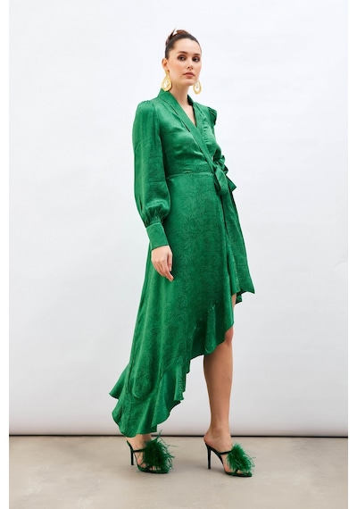 Sateen Jakarlı Asimetrik Elbise - Yeşil-132602 Yeşil