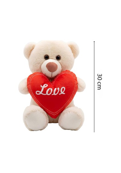 Pufu Toys Kalp Tutan Beyaz Ayaklı Pelüş Ayıcık Krem 30 Cm 04030