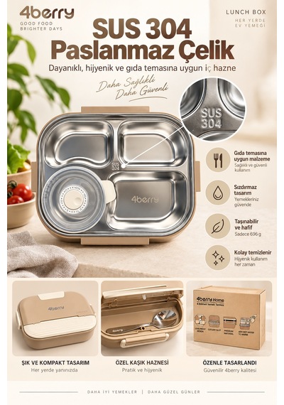 4 Bölmeli Yemek Termosu 1500 Ml Paslanmaz Çelik, Sızdırmaz, Kaşıklı Ve Sos Kaplı Beslenme Kutusu Kahverengi
