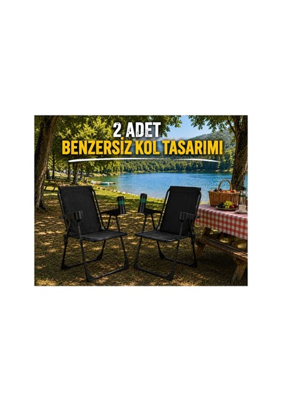 Holiday Kamp Sandalyesi Piknik Katlanır Bardaklıklı Plaj Sandalyesi 2 Adet Siyah Siyah