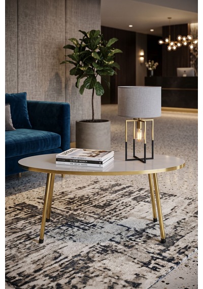 Gold Metal Oval Orta Sehpa Beyaz