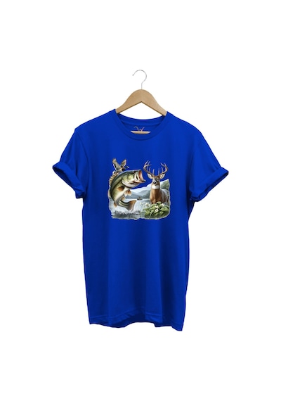 Balıkçılık Ve Avcılık Temalı Geyik, Ördek Ve Turna Balığı Baskılı %100 Pamuk Regular Fit T-shirt Mavi