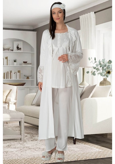 Mecit Pijama 5353 Sandra Dantelli Yaka Sabahlıklı Lohusa Pijama Takımı 001