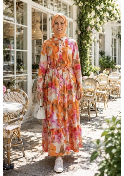 Hb Harma Time Butik Kadın Düğmeli Desenli Modal Kumaş Turuncu Elbise