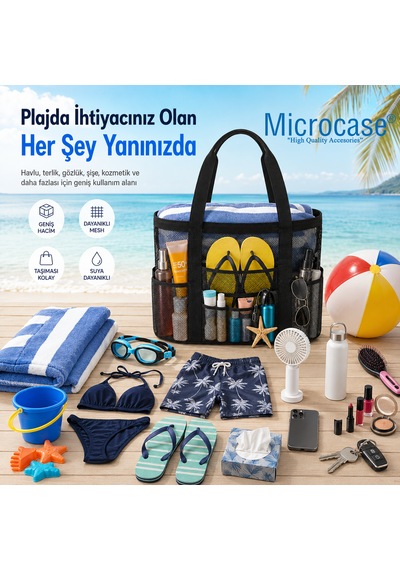 Microcase 5 Gözlü Kum Tutmayan Hafif Plaj Kumsal Havuz Tatil Çantası 2 Ad Al5633 Siyah