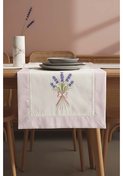 Lavanta İşlemeli Buldan Kumaş Runner 50x130 Cm Krem