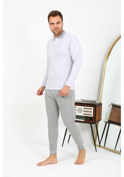 Akbeniz Erkek Polo Yaka Uzun Kol Penye Pijama Takımı Gri 6864 Gri