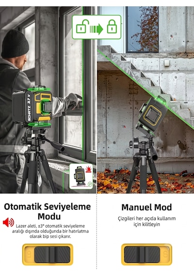 Schatz 360 3.7v Çift Akülü 12 Köşe Otomatik Hizalamalı Kumandalı Yeşil Çizgili Lazer Hizalama Makinesi Sarı