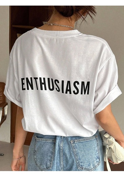 Unisex Beyaz Oversize Enthusiasm Baskılı Örme T-shirt Beyaz