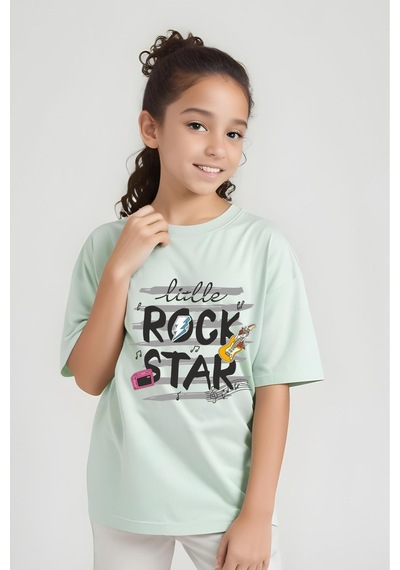 Panios Kids Little Rock Baskılı Kız Çocuk Kısa Kollu T-shirt Mint Yeşili