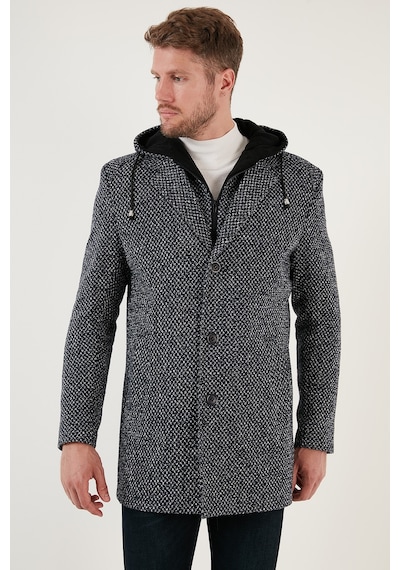 Buratti Çıkarılabilir Kapüşonlu Kırçıllı Slim Fit Kaşe Erkek Kaban 5841013 Lacivert Noktalı