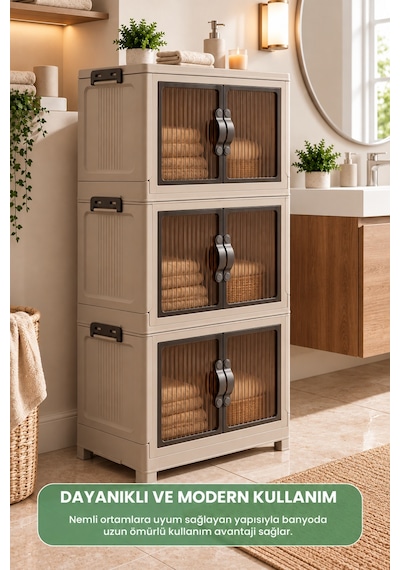 3 Katlı Portatif Organizer Dolap 120 Lt Bej