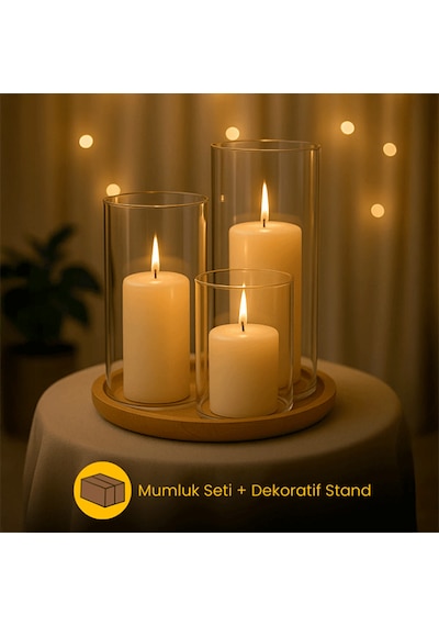 Dekoratif 4'lü Set, Bambu Sunumluk Ve 3'lü Mumluk Seti, Isıya Dayanıklı Borosilikat Cam Mumluklar Ahşap