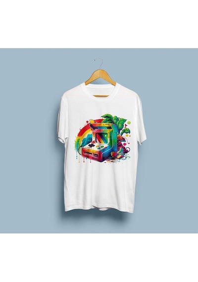 Oversize Video Oyunu Retro Tasarım Unisex T-shirt Beyaz