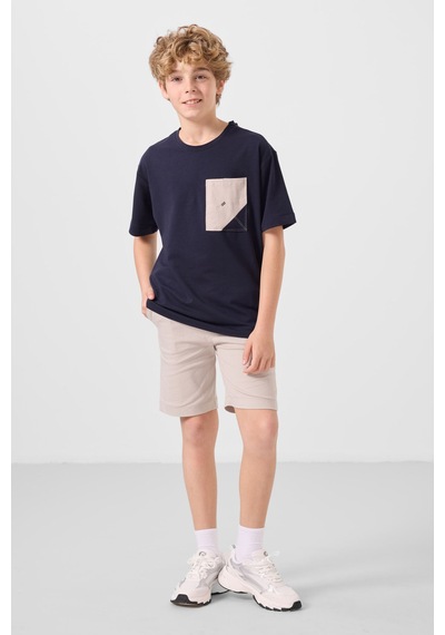 Lacivert-taş Pamuklu Oversize Fit Dokuma Hafif Esnek Chino Erkek Çocuk Şort Takım - 11278 Lacivert